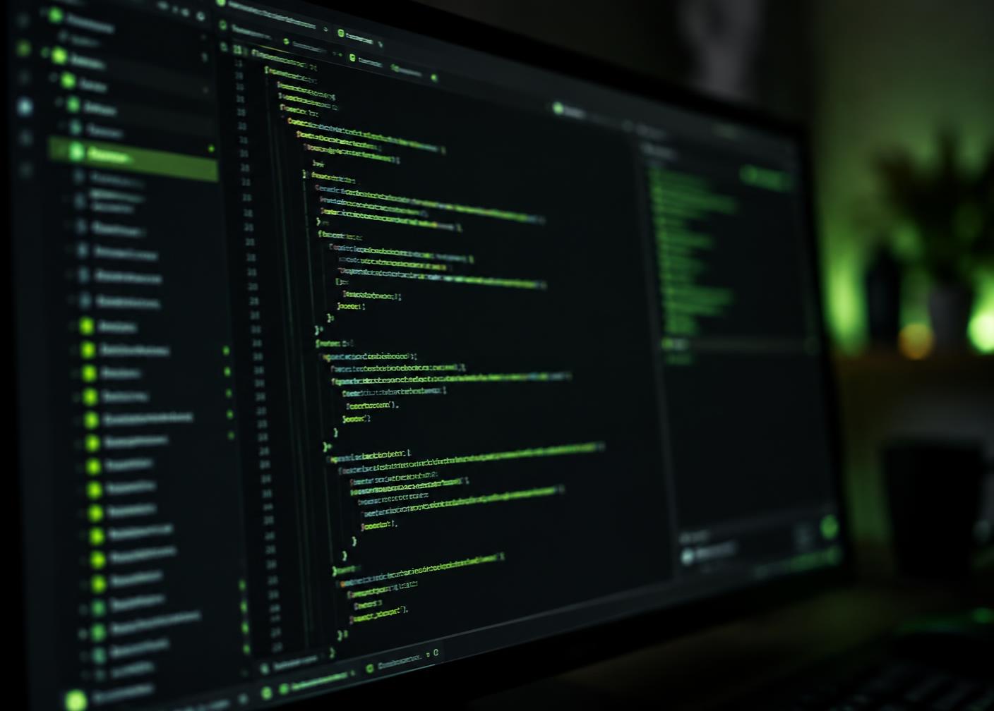 Code editor with green syntax highlighting