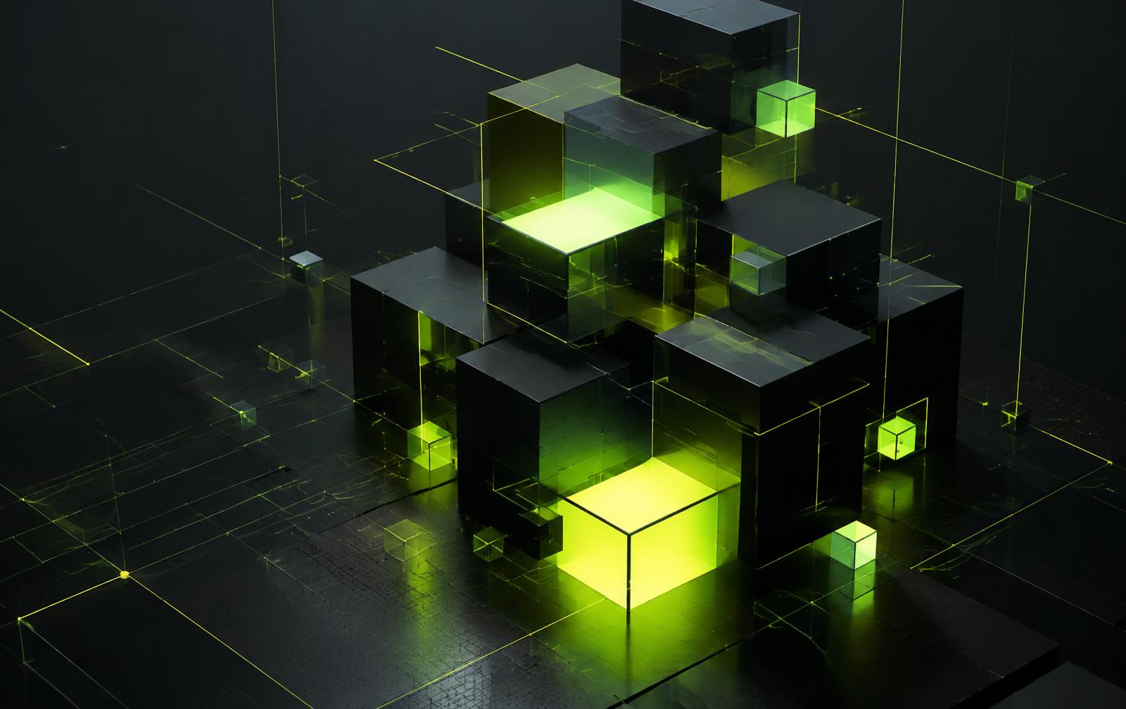 Abstract stacked glass cubes glowing with lime light