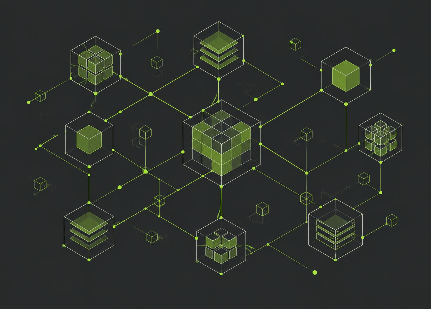 Wireframe modular boxes linked by lime lines, representing connected systems