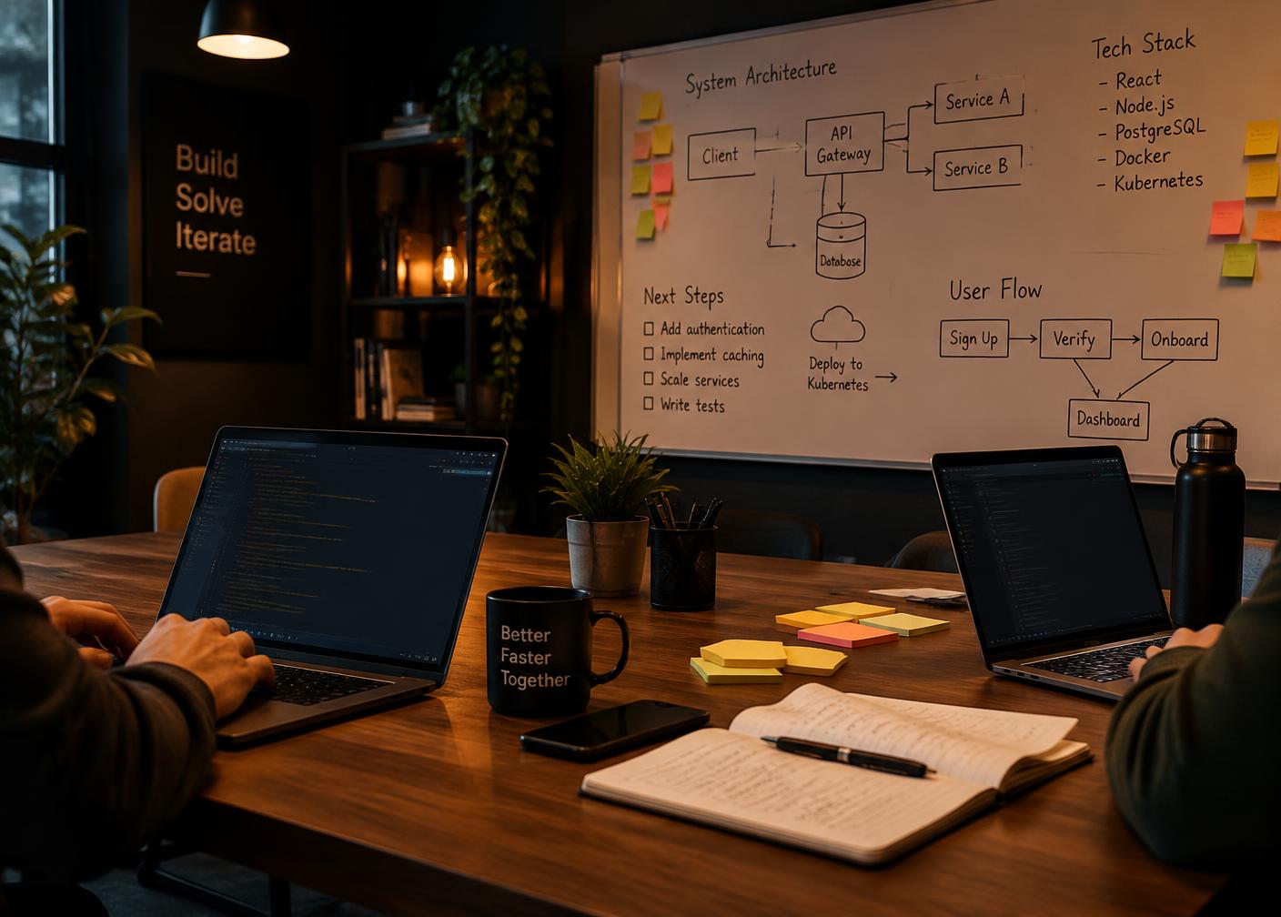 Illustrative desk with laptops and a whiteboard sketch of system architecture